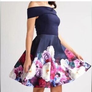 Ted Baker Nersi Off the Shoulder Dress Mini Floral Blushing Bouquet Blue 0 US 2